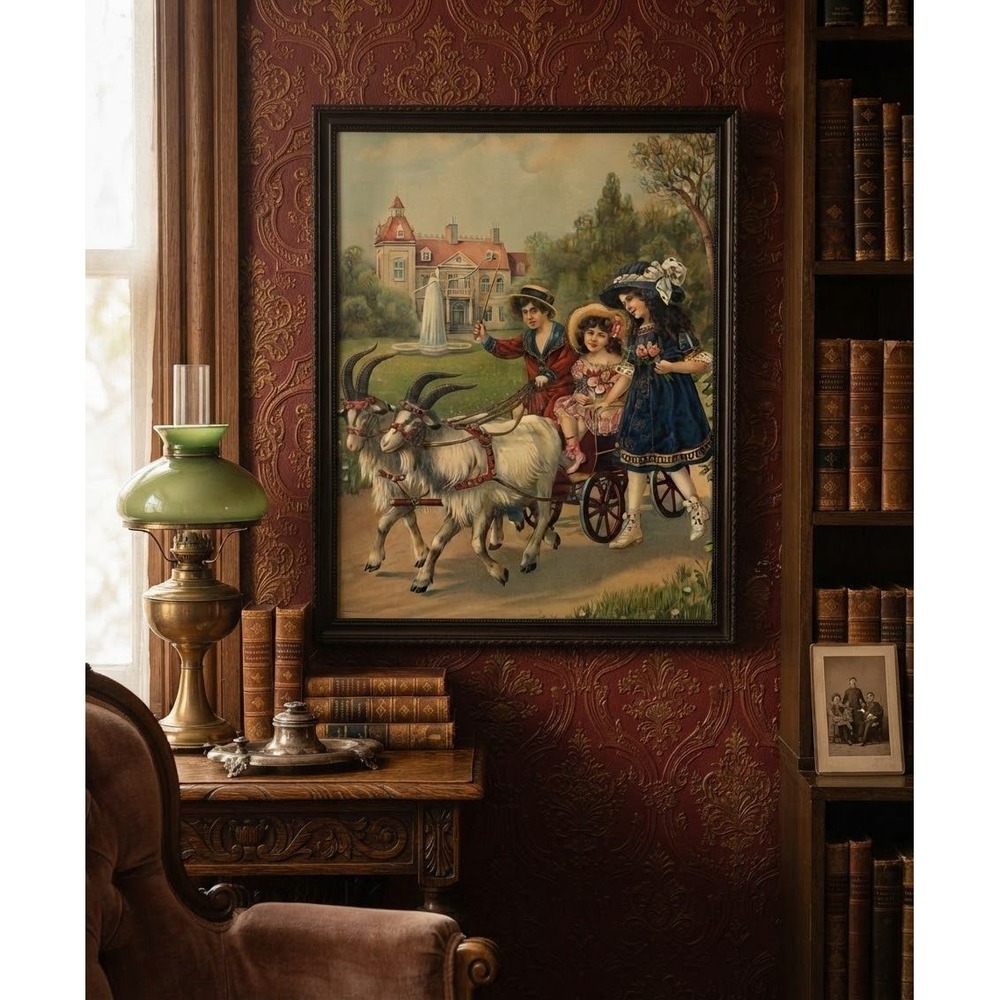 Antique Victorian Children Goat Carriage Lithograph Framed Print C.1900 Germany